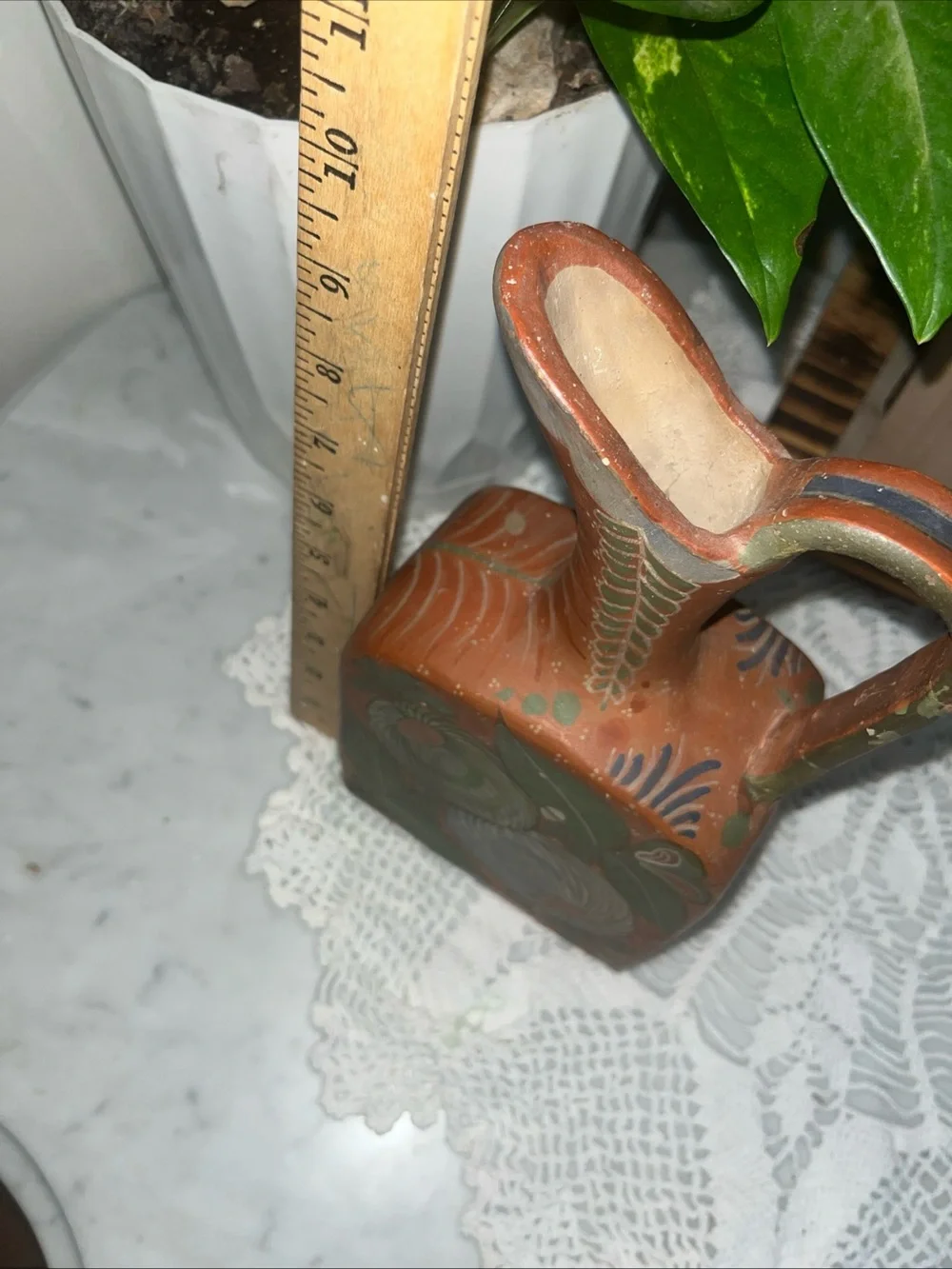Vintage 10” Mexican Pottery Pitcher Southwest Boho Decor Floral Leaf Design